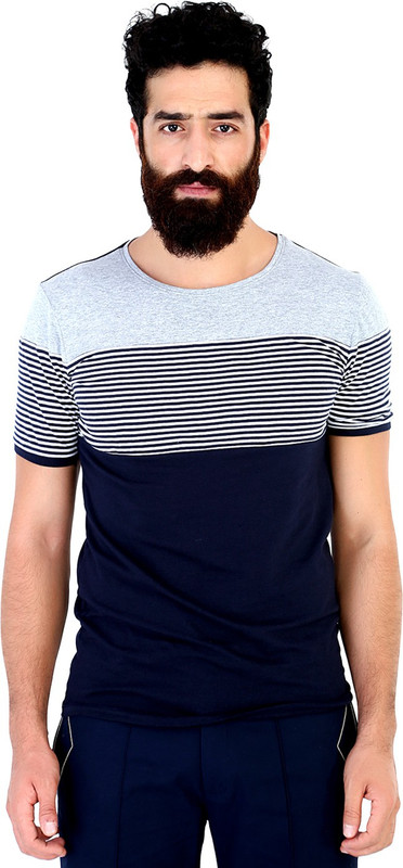 Mr Button Striped Men Round Neck Dark Blue T-Shirt