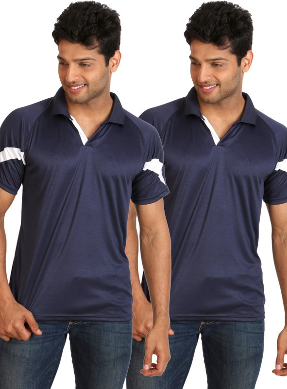 Campus Sutra Solid Men Polo Neck Blue T-Shirt(Pack of 2)