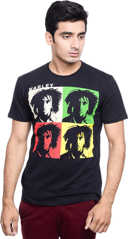 BOB MARLEY Printed Men Round or Crew Black T-Shirt
