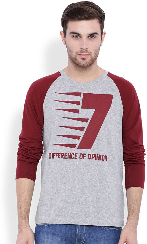 DIFFERENCE OF OPINION Printed Men Round Neck Grey, Maroon T-Shirt