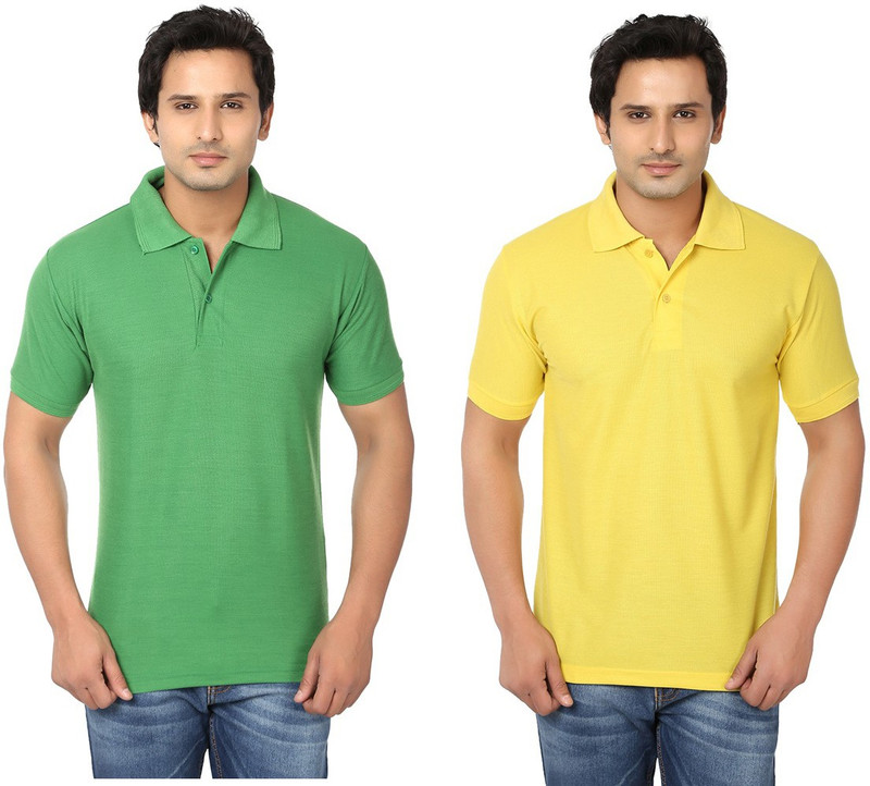 Keepsake Solid Men Polo Neck Green, Yellow T-Shirt(Pack of 2)