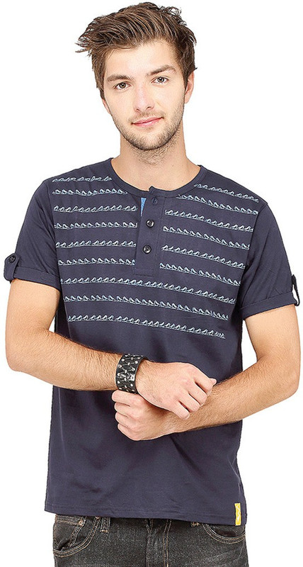 Campus Sutra Printed Men Henley Blue T-Shirt