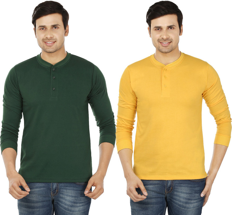 Weardo Solid Men Henley Green, Yellow T-Shirt(Pack of 2)