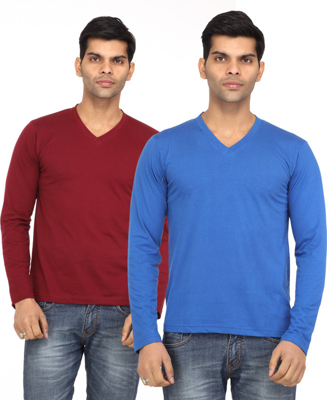 Leana Solid Men Round Neck Maroon, Blue T-Shirt(Pack of 2)