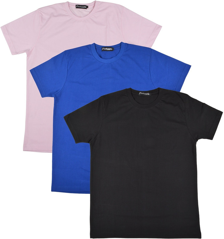 Pintapple Solid Men Round Neck Black, Blue, Pink T-Shirt(Pack of 3)