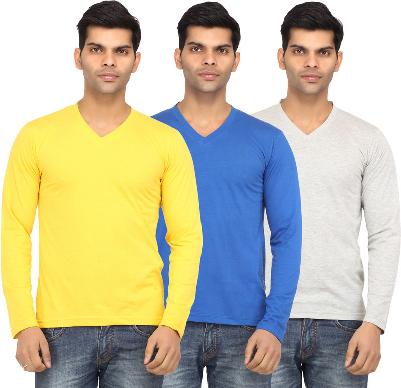 Leana Solid Men Round Neck Yellow, Blue, Grey T-Shirt(Pack of 3)