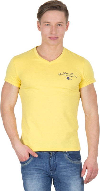 Wilkins & Tuscany Solid Men V-neck Gold T-Shirt