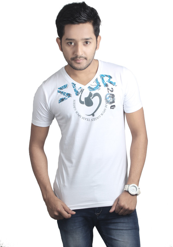 Spur Printed, Solid Men V-neck White T-Shirt