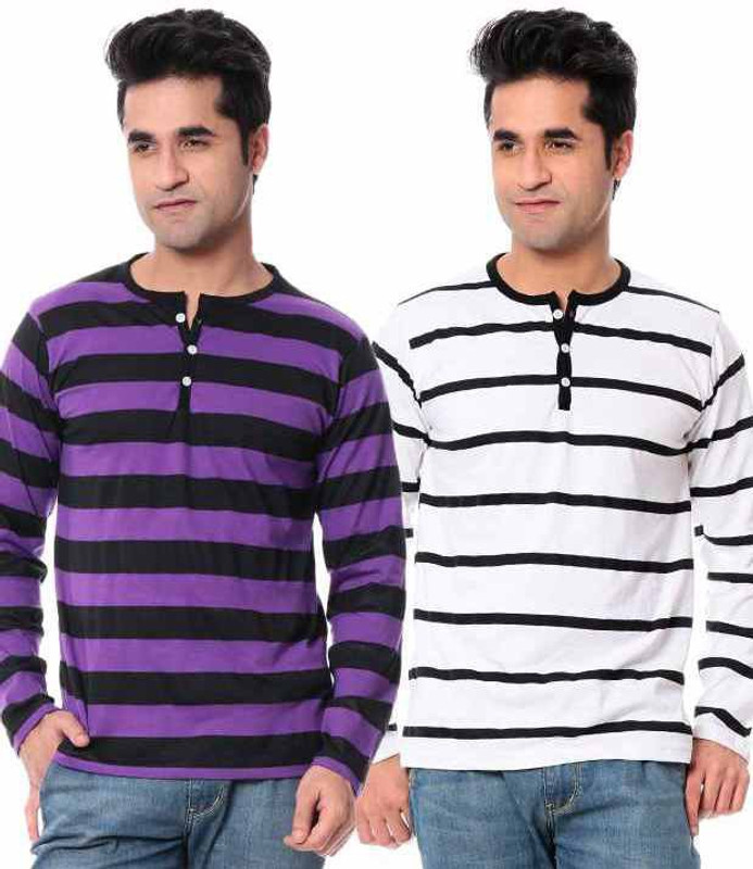 Leana Striped Men Round Neck Purple, White T-Shirt(Pack of 2)