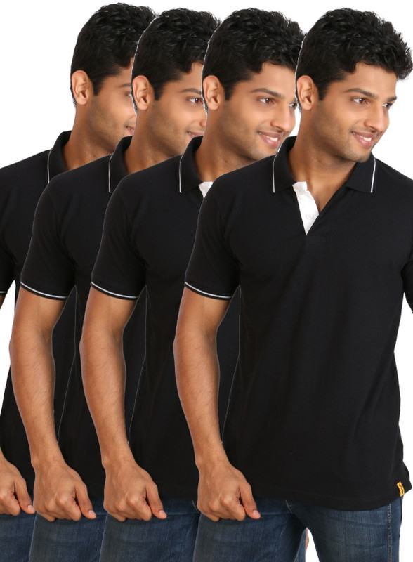 Campus Sutra Solid Men Polo Neck Black T-Shirt(Pack of 4)