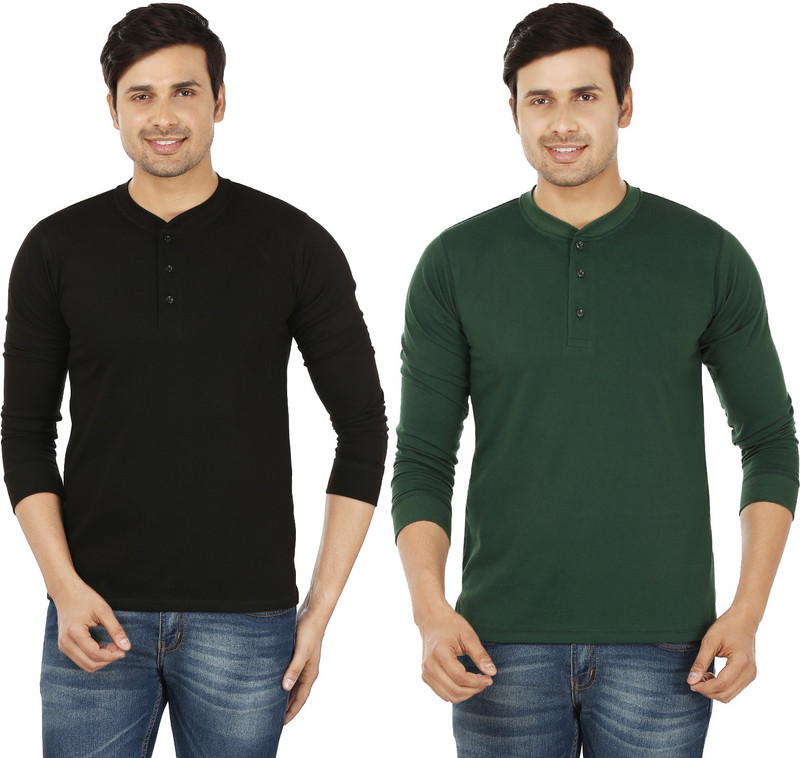 Weardo Solid Men Henley Black, Green T-Shirt(Pack of 2)