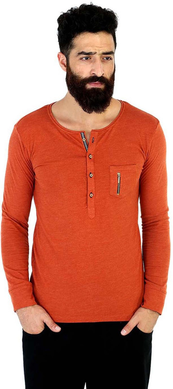 Mr Button Solid Men Henley Orange T-Shirt