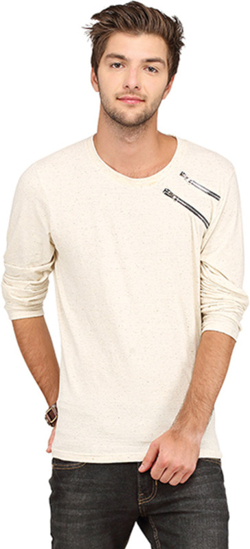 Campus Sutra Solid Men Round or Crew Beige T-Shirt
