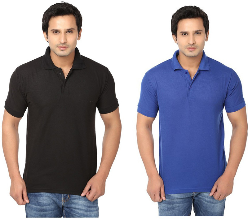 Keepsake Solid Men Polo Neck Black, Blue T-Shirt(Pack of 2)