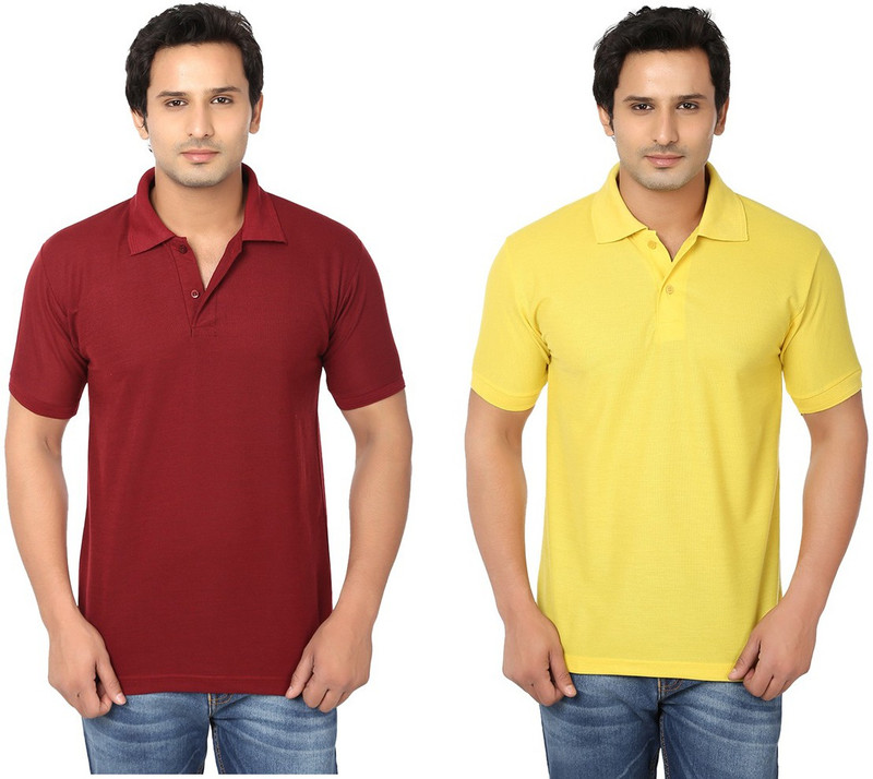 Keepsake Solid Men Polo Neck Maroon, Yellow T-Shirt(Pack of 2)