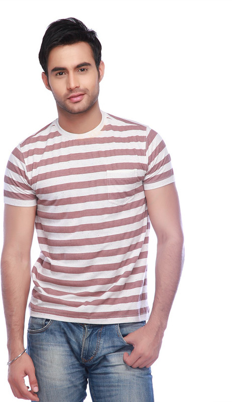 Vettorio Fratini Striped Men Round Neck Brown T-Shirt