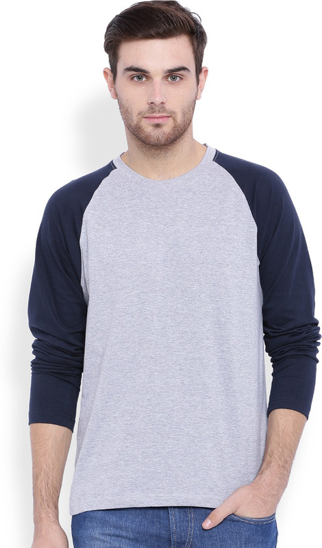 DIFFERENCE OF OPINION Solid Men Round Neck Grey, Blue T-Shirt