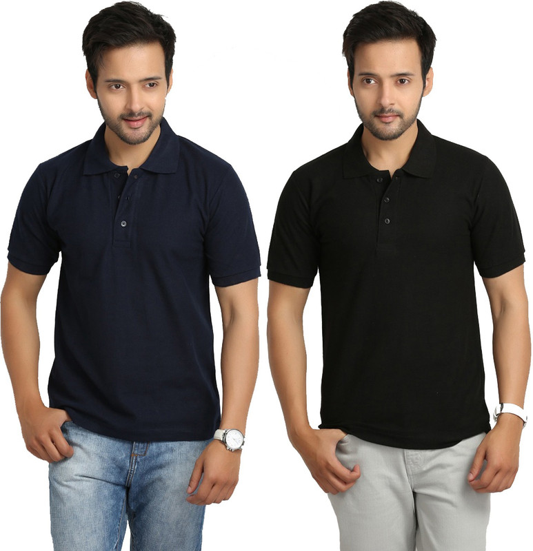 Weardo Solid Men Polo Neck Black, Dark Blue T-Shirt(Pack of 2)