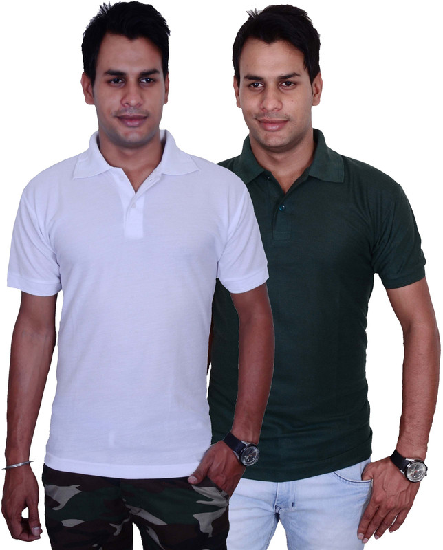 Blaze Solid Men Polo Neck White, Green T-Shirt(Pack of 2)