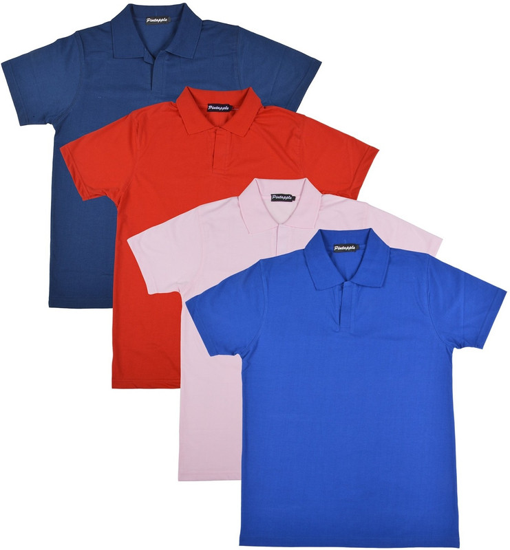 Pintapple Solid Men Polo Neck Blue, Pink, Red, Dark Blue T-Shirt(Pack of 4)