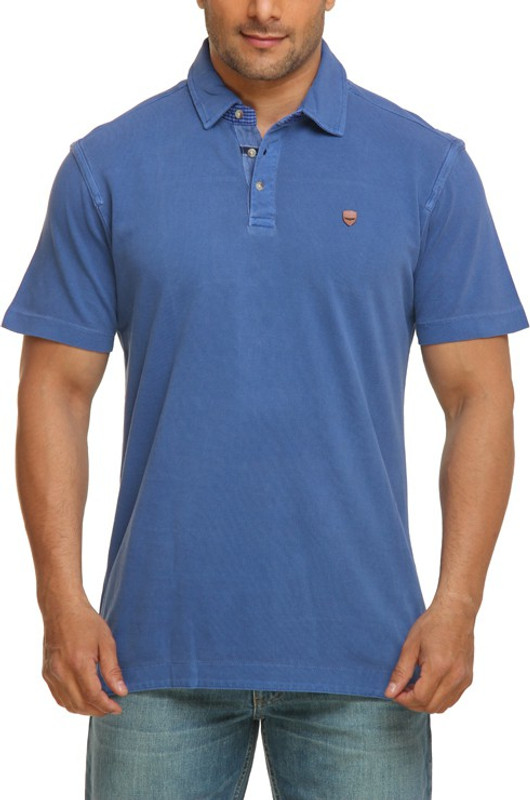 Park Avenue Solid Men Flap Collar Neck Blue T-Shirt