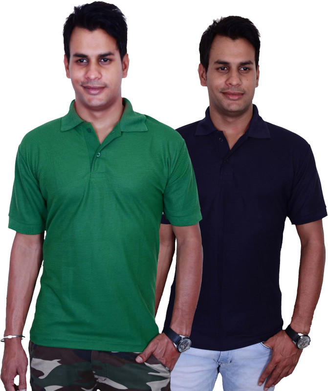 Blaze Solid Men Polo Neck Green, Dark Blue T-Shirt(Pack of 2)
