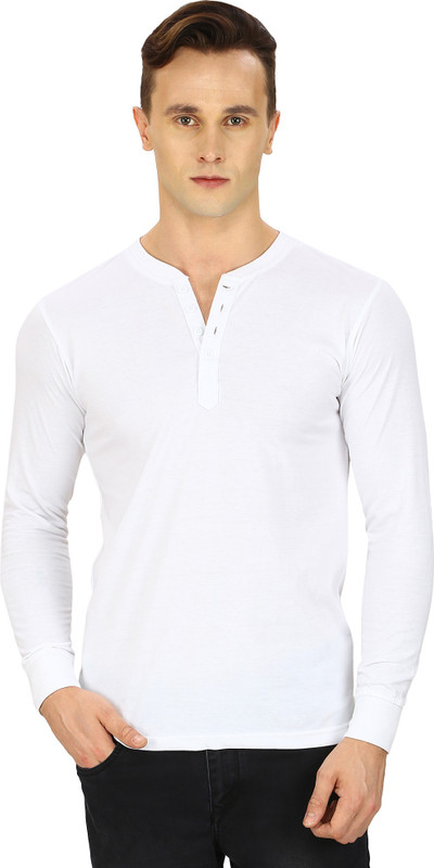 Pintapple Solid Men Henley White T-Shirt