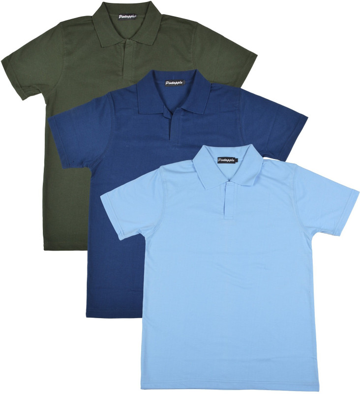 Pintapple Solid Men Polo Neck Light Blue, Dark Blue, Dark Green T-Shirt(Pack of 3)