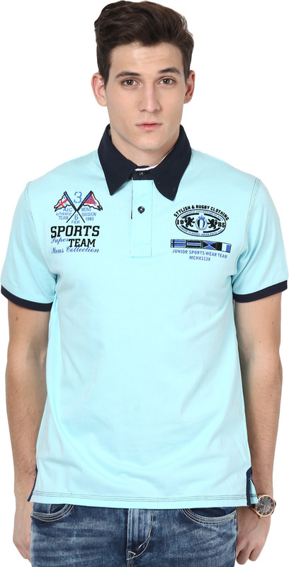 Okane Self Design Men Polo Neck Light Blue T-Shirt