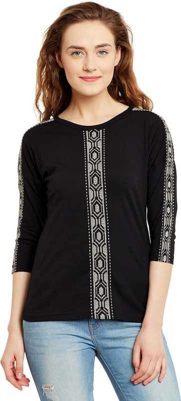 Hypernation Embroidered Women Round Neck Black T-Shirt