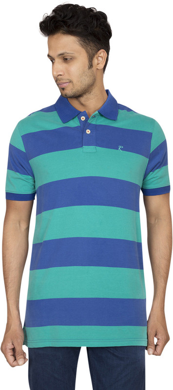 Red Line Striped Men Polo Neck Blue, Green T-Shirt