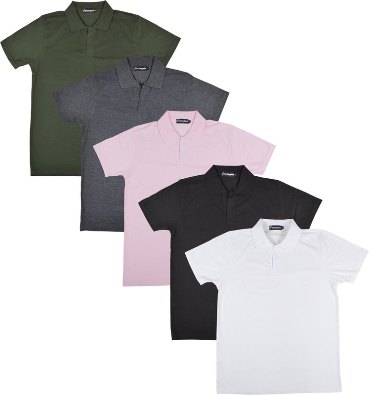 Pintapple Solid Men Polo Neck White, Black, Pink, Grey, Dark Green T-Shirt(Pack of 5)