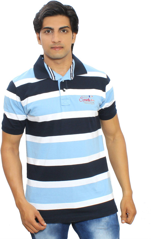 Thread Craft Striped Men Polo Neck Blue T-Shirt