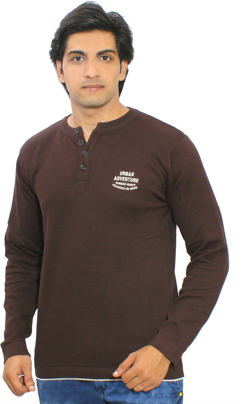 Thread Craft Solid Men Henley Brown T-Shirt