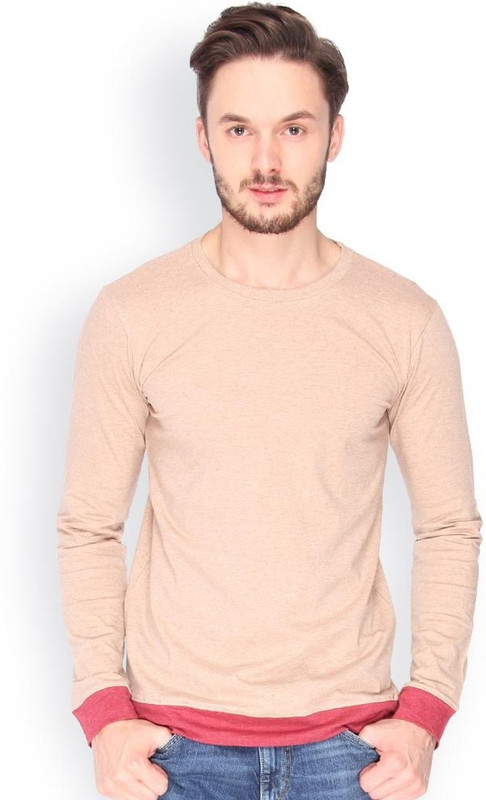 Campus Sutra Solid Men Round or Crew Brown T-Shirt