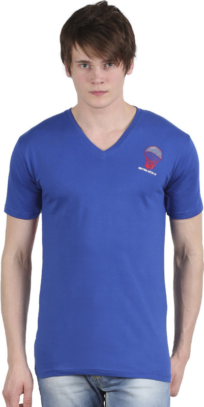 Tease Denim Embroidered Men V-neck Blue T-Shirt
