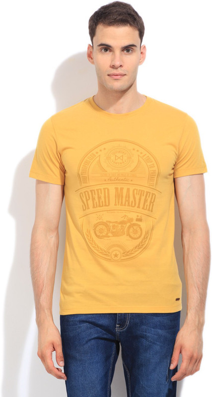 Peter England Printed Men Round Neck Orange T-Shirt