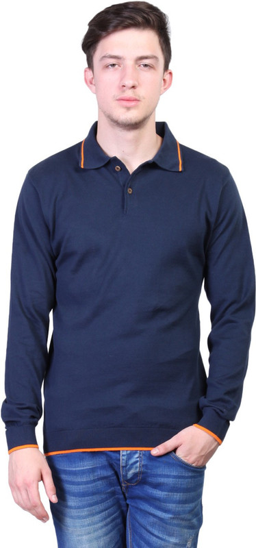 Kalt Solid Men Polo Neck Blue T-Shirt