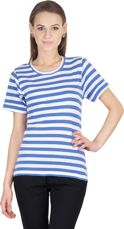 Hypernation Striped Women Round Neck Blue, White T-Shirt