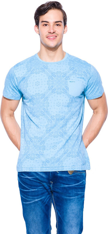 Mufti Floral Print Men Round Neck Light Blue T-Shirt