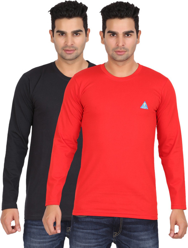 Lyril Solid Men Round Neck Red, Black T-Shirt(Pack of 2)