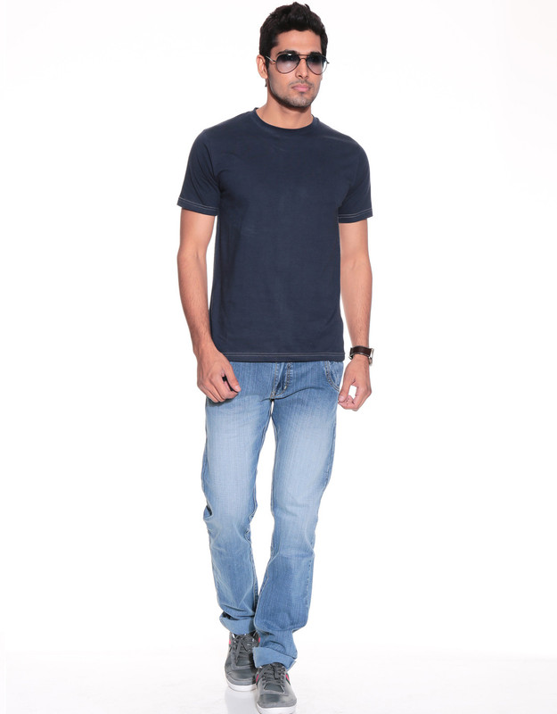 Purys Solid Men Round Neck Dark Blue T-Shirt Purys Solid Men Round Neck Dark Blue T-Shirt