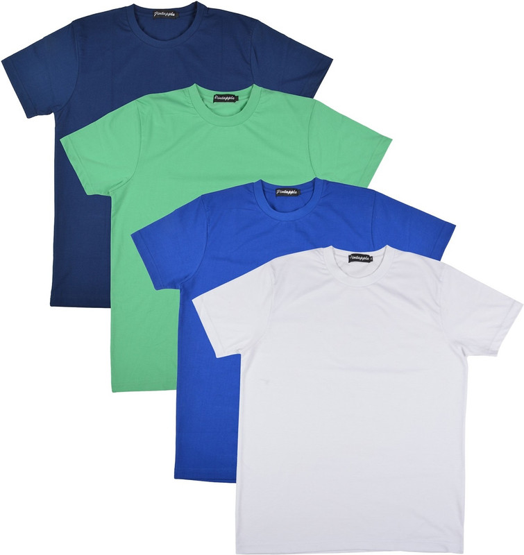 Pintapple Solid Men Round Neck White, Blue, Light Green, Dark Blue T-Shirt(Pack of 4)