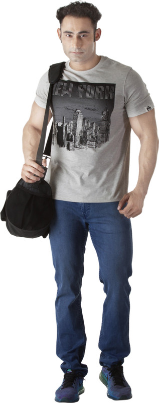 ISHWA Graphic Print Men Round Neck Silver T-Shirt