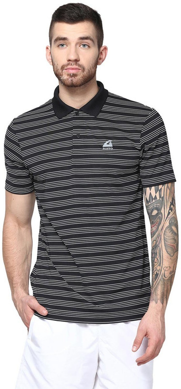 Aurro Self Design Men Polo Neck Black T-Shirt