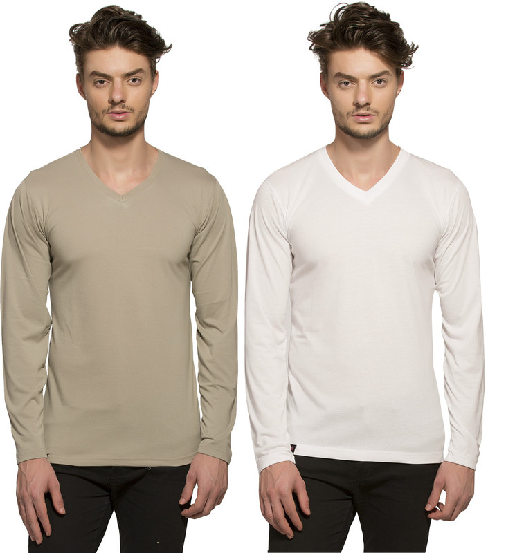 Alan Jones Solid Men V-neck White T-Shirt(Pack of 2)