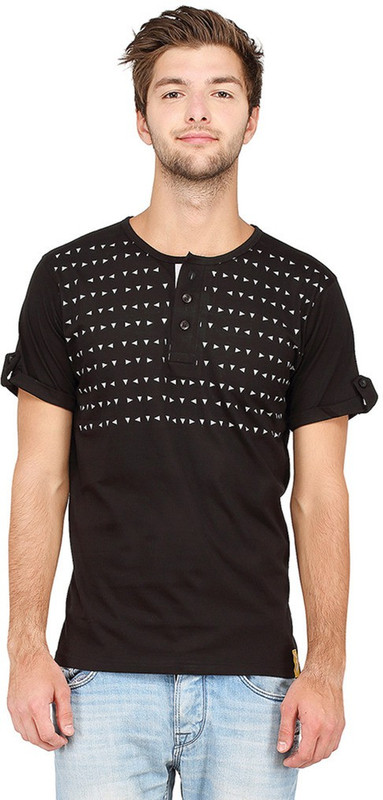 Campus Sutra Geometric Print Men Henley Black T-Shirt