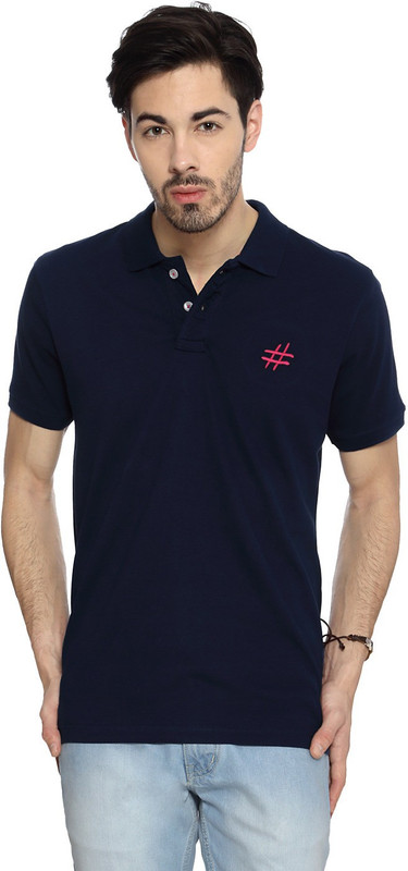 People Solid Men Polo Neck Blue T-Shirt