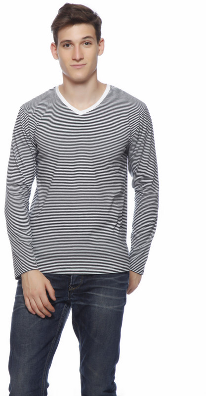 Gritstones Striped Men V-neck Black, White T-Shirt