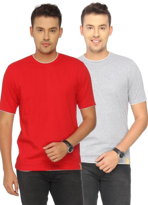Campus Sutra Solid Men Round or Crew Grey, Red T-Shirt(Pack of 2)